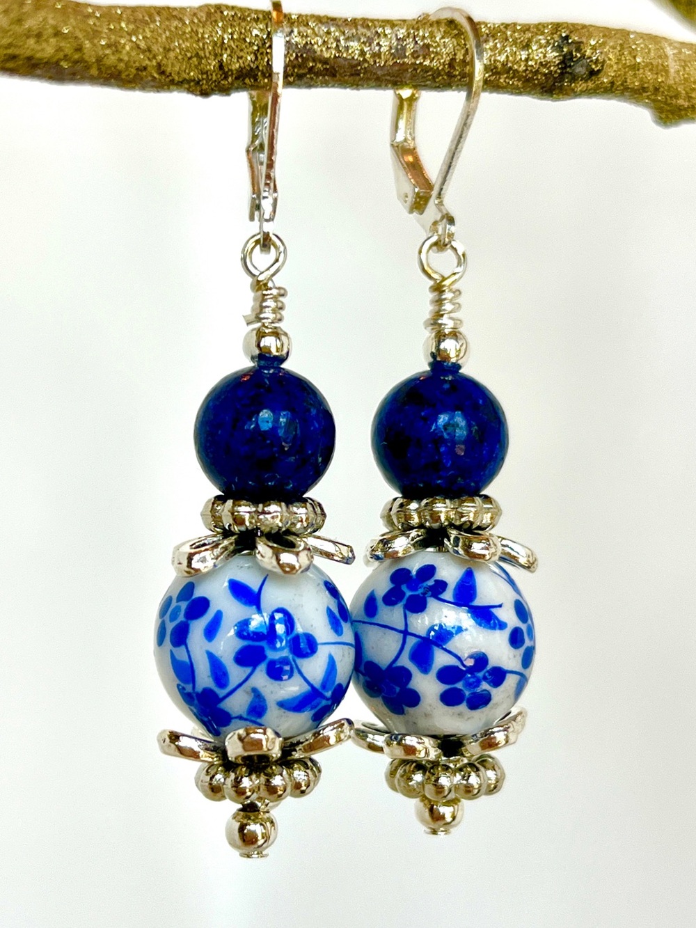 Hand Crafted Blue Floral Porcelain and Lapis Lazuli Bead Drop Earrings